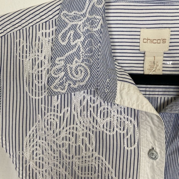 Chico’s Embroidered Patchwork Shirt Size 1 US M Button Down Long Sleeve Cotton - Picture 2 of 9